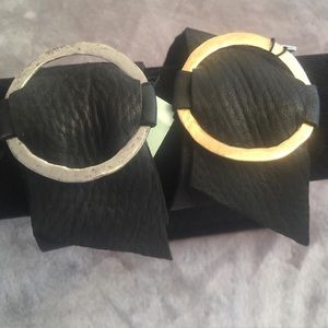 Black leather bracelet with gold hardware